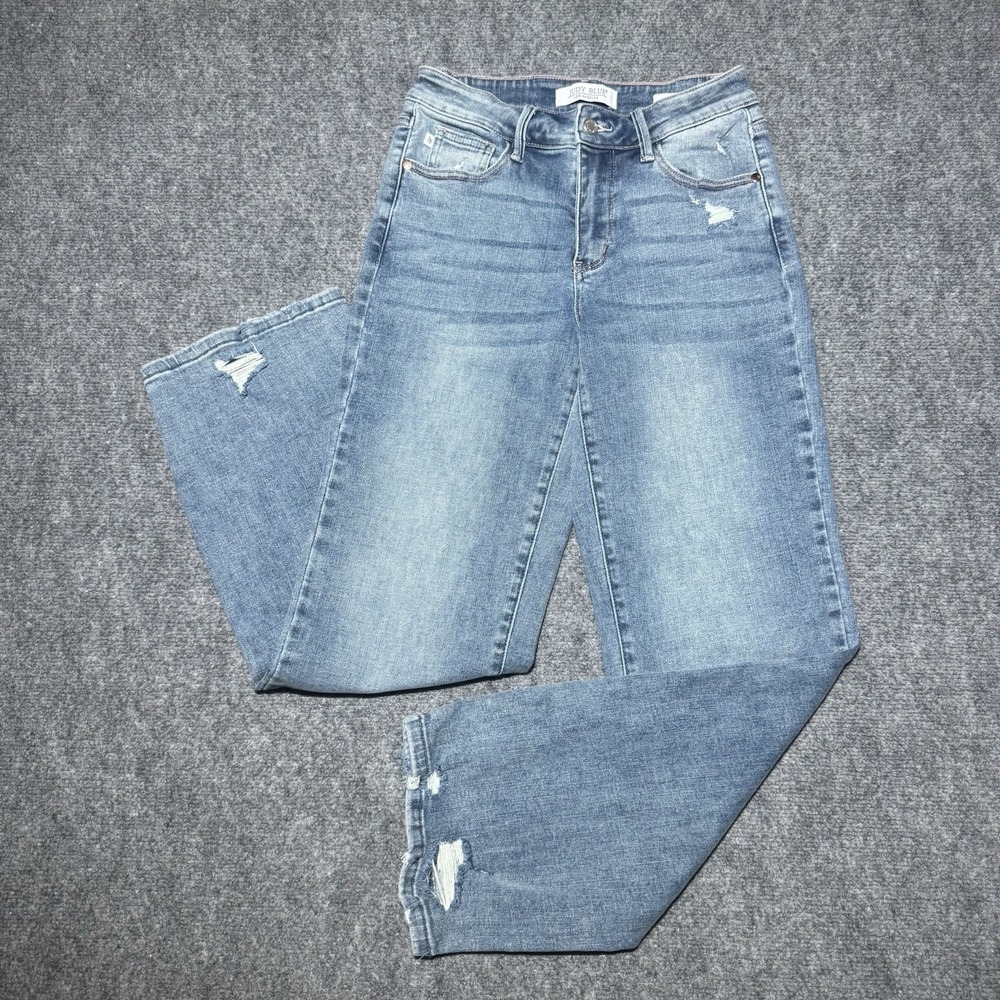 Judy Blue Mid Rise Destroyed Straight Fit Denim Jeans Women 3/26 Blue Fit 26x29
